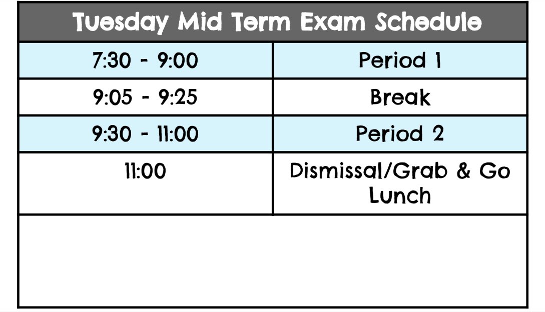 PBD_TheraHS's tweet photo. Here’s next week’s midterm exam schedule that starts on 01/17! Have a great week! https://t.co/K1l5K9lZvO