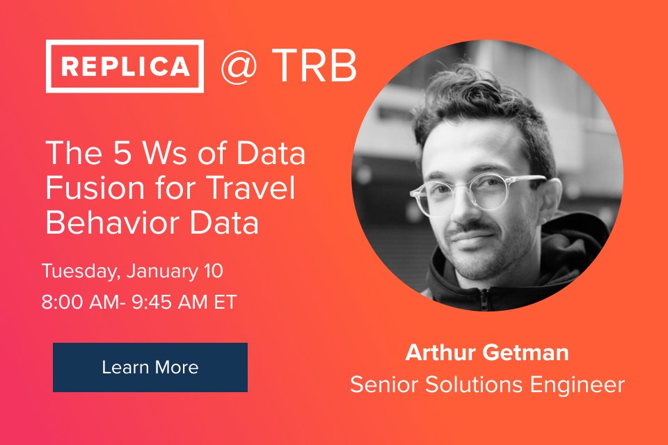 Tomorrow at #TRBAM2023: Replica's Arthur Getman presents on how Replica fuses disparate datasets to create a nationwide model. Details here: annualmeeting.mytrb.org/OnlineProgram/…