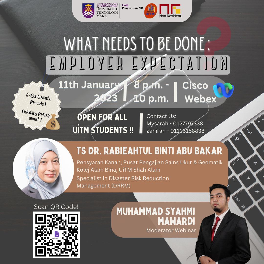 nruitmsa's tweet photo. Assalamualaikum WBT 
Salam Sejahtera
Salam UiTM DiHatiku

WEBINAR PEMBANGUNAN KERJAYA "WHAT NEEDS TO BE 
DONE: EMPLOYER EXPECTATION"

Butiran program adalah berikut; https://t.co/Vgc9qbeicQ