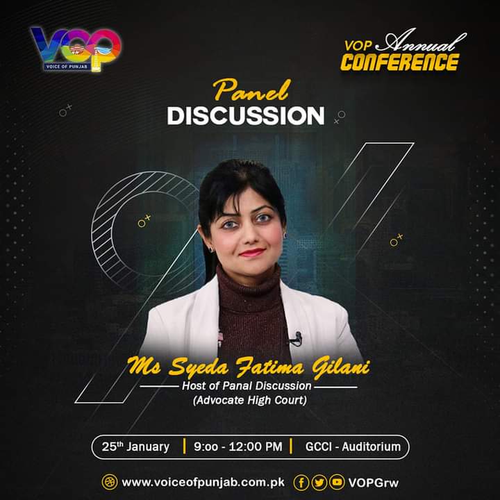 VoiceofPunjab01's tweet photo. "VOP ANNUAL CONFERENCE"
 We are pleased to announce our host for Panel Discussion Ms Syeda Fatima Hasan Gilani. She is the CEO of Read Pakistan. She is the founding member of Trek Law. Her love for books supersedes her Masters in English Literature and MPhil in Linguistics. https://t.co/xoTxabnaGM
