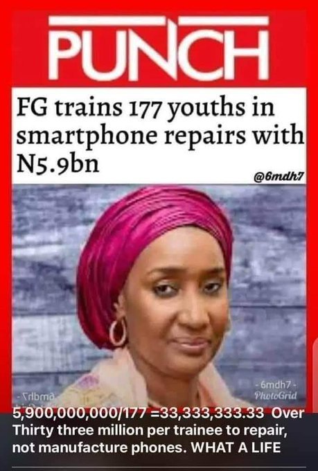 Amarachijoy1982's tweet image. See how black Nigerian politicians can be, she used 5.9b train 177 youths on phone repairing, imagine 28m 253k 672 naira 316....  Kobo each, which criminalities and armed rubbing greater than this, 😭😭😭😭