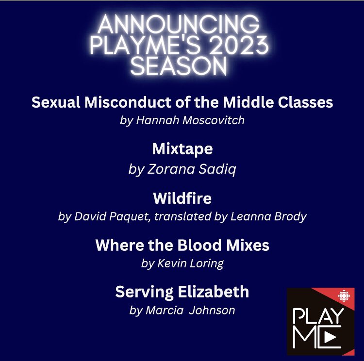 📣 Announcing our 2023 season of <a href="/cbcpodcasts/">CBC Podcasts</a> PlayME! Launching Jan 18th with the GG winning play, “Sexual Misconduct of the Middle Classes” by <a href="/moscotweets/">Hannah Moscovitch</a>! And plays by @KevilorKevin @MissMarciaJ @zoranasadiq and David Paquet translated by Leanna Brodie!
