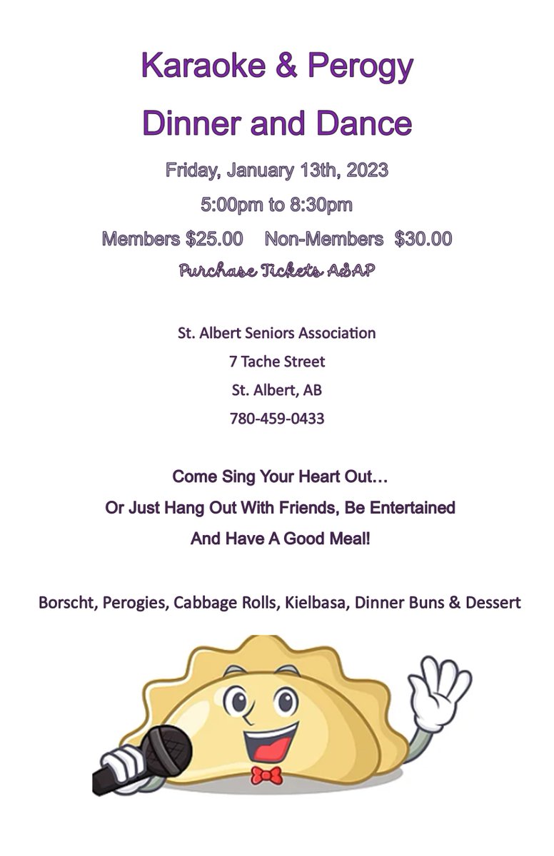 Karaoke & Perogy Dinner and Dance - mailchi.mp/0d3ee10b5551/y… This is going to be a good time with lots of fun and laughter. Sign up soon! There's always a great dinner on offer, so make sure you are in line for those tasty perogies.