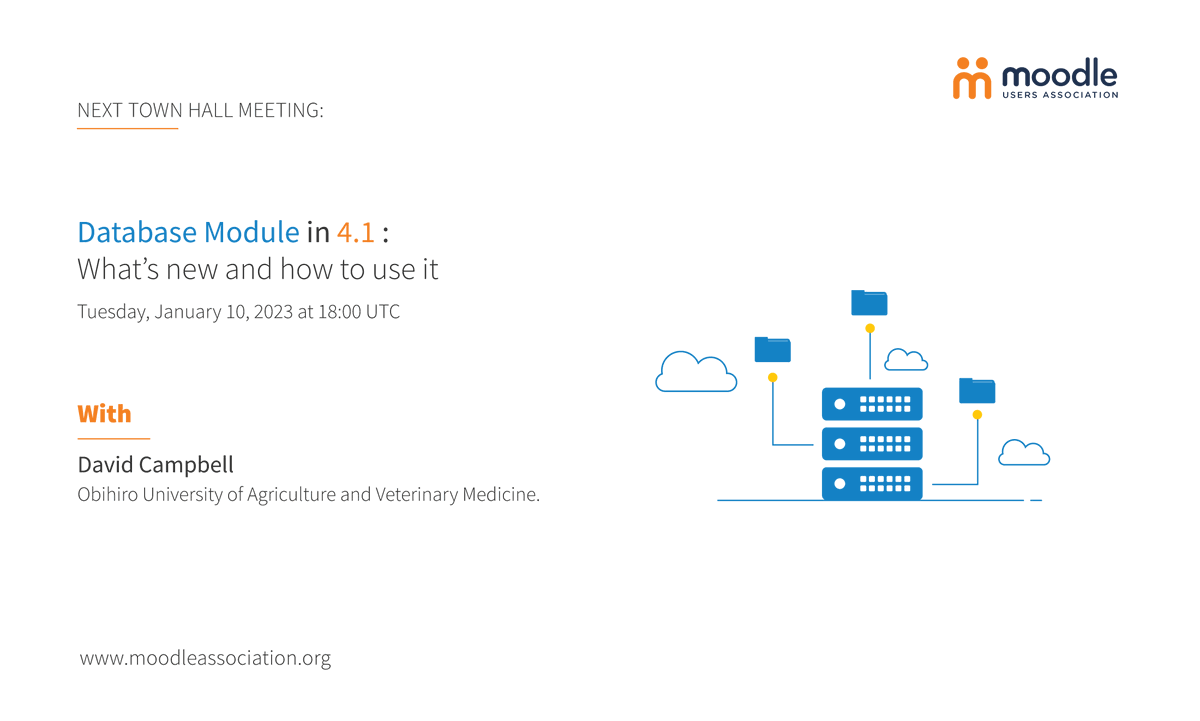 Don't miss our first Town Hall of the year with our guest David Campbell who will be talking about the Database Module in 4.1. Tomorrow at 6pm UTC! 

#moodle #elearning