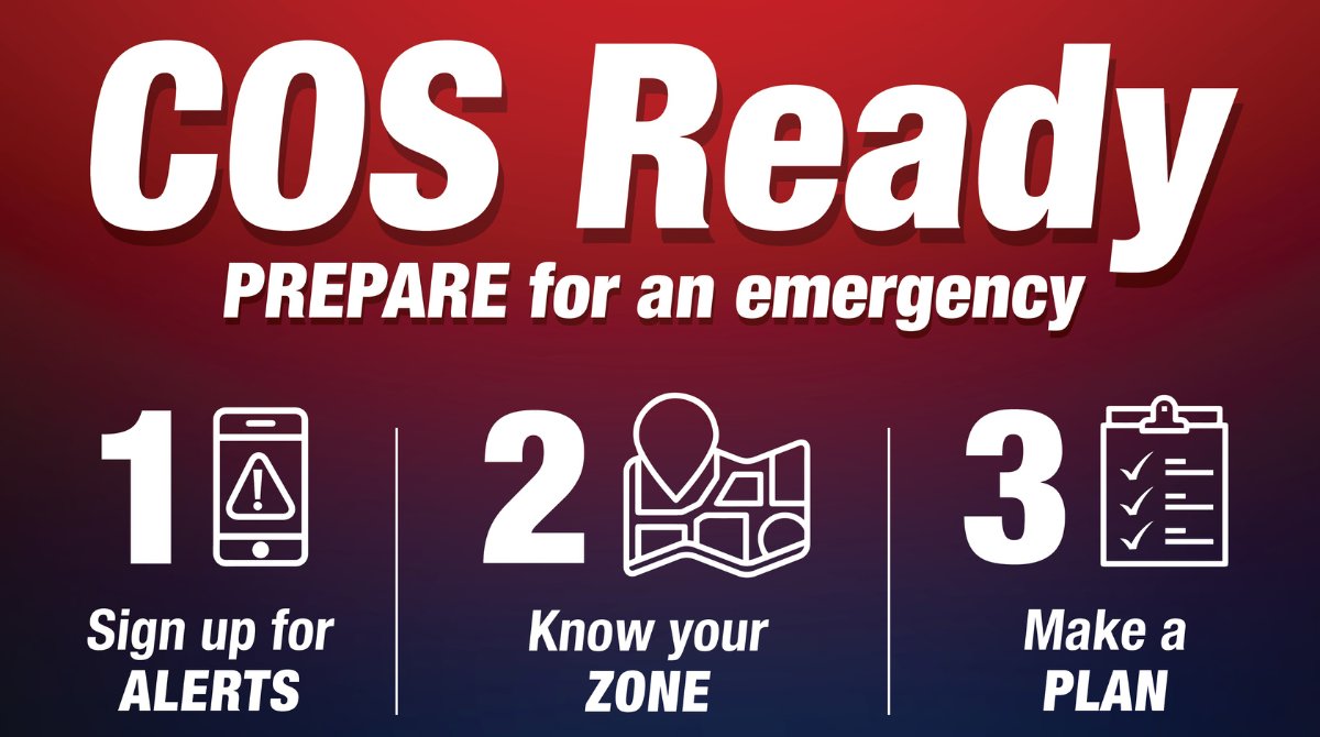 Resolve to be #COSready in 2023!

Sign up for local emergency alerts through Peak Alerts
Know your evacuation zone
Make a plan for emergencies

Learn more at ColoradoSprings.Gov/Ready 
#ResolveToBeReady