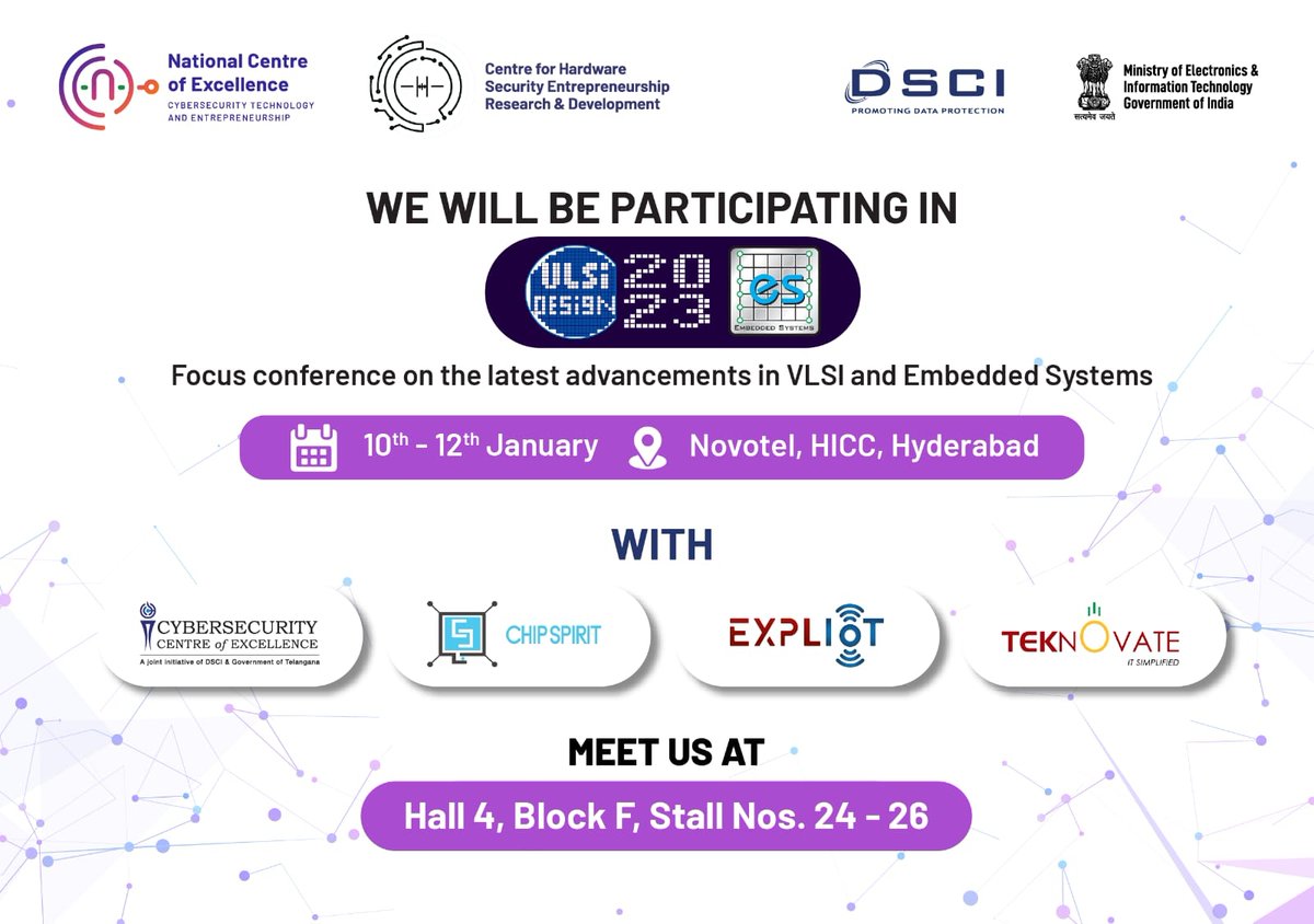 CoeNational's tweet image. N-CoE and C-HerD will be at the World&apos;s Largest Platform for Semiconductor, VLSI, &amp;amp; Embedded Systems, #VLSID2023 alongside CCoE, Chipspirit Technovate &amp;amp; Exploit by @payatulabs.
Drop by Hall no. 4, Block F, Stall nos. 24-26 to interact with our team &amp;amp; incubated startups.