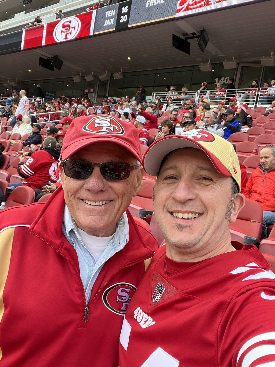 NeilHWatson's tweet photo. A trip to Levi’s never disappoints does it?! After thinking it was going to be played in a downpour, and while it was dull, there was no rain and wasn’t cold at all! Great seats with my friend Rick in his Season Ticket seats and another Niners WIN! ❤️💛 https://t.co/aXPLTaFkk0