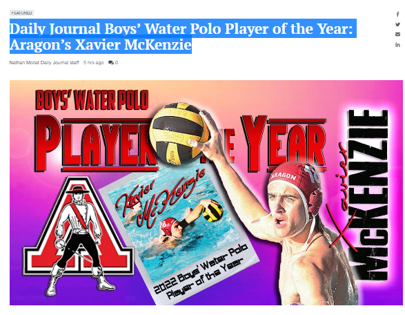 SMUHSD (@smuhsd) on Twitter photo Congratulations to <a href="/AragonAthletics/">Aragon Athletics</a> Xavier McKenzie - <a href="/smdailyjournal/">San Mateo Daily Journal</a> Boys Water Polo Player of the Year!
ow.ly/HXyt50MlFZP Congratulations to <a href="/AragonAthletics/">Aragon Athletics</a> Xavier McKenzie - <a href="/smdailyjournal/">San Mateo Daily Journal</a> Boys Water Polo Player of the Year!
ow.ly/HXyt50MlFZP