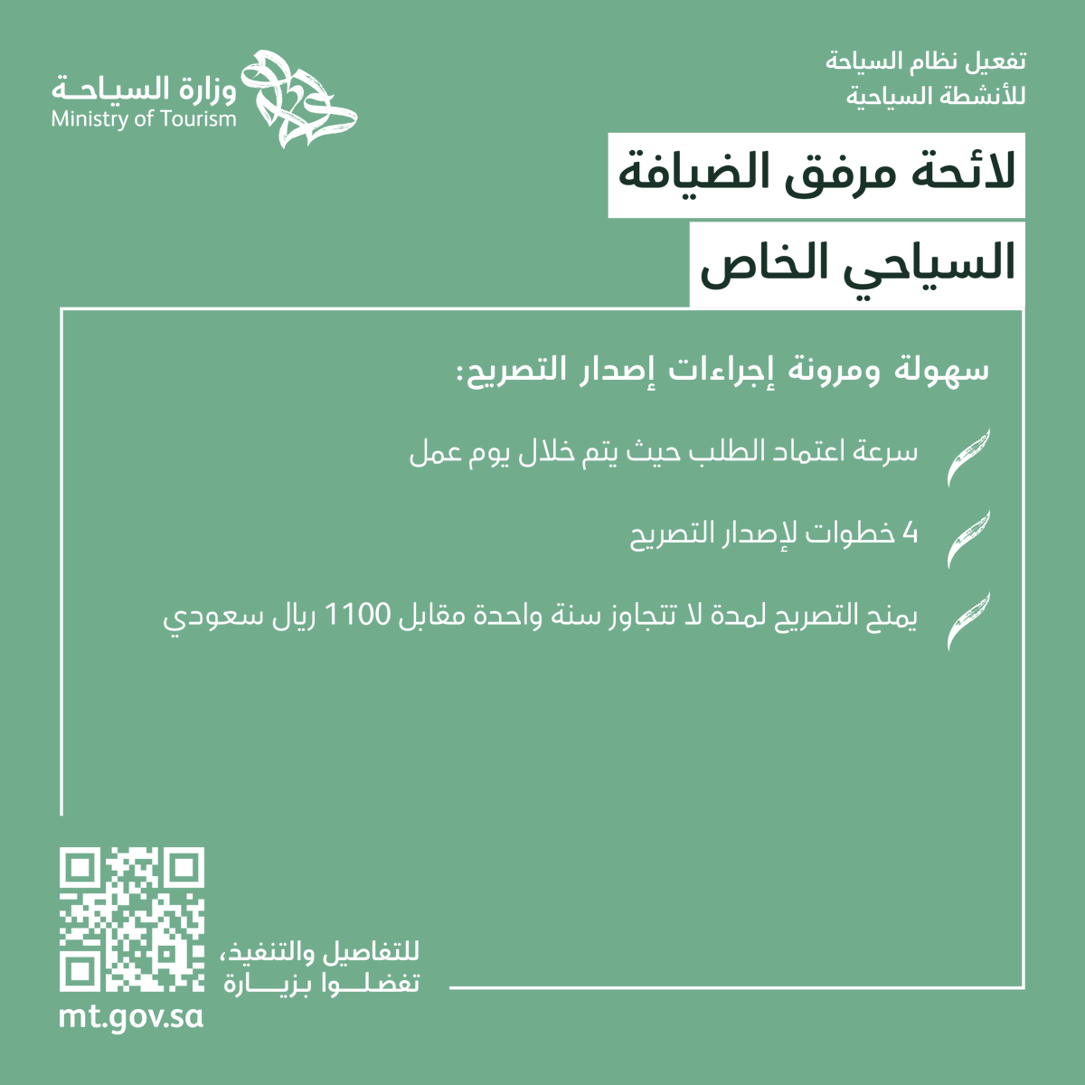 Saudi_MT's tweet photo. تساعد لائحة مرفق الضيافة السياحي الخاص الأفراد المصرّح لهم بامتلاكه في رفع مستوى خدماتهم لضمان أفضل تجربة للسائح.

للاطّلاع على المزيد: 
https://t.co/cMZ8sL0bE8

#نظام_السياحة_الجديد 
#السياحة_تطور_مستمر https://t.co/0wLimxfAbA