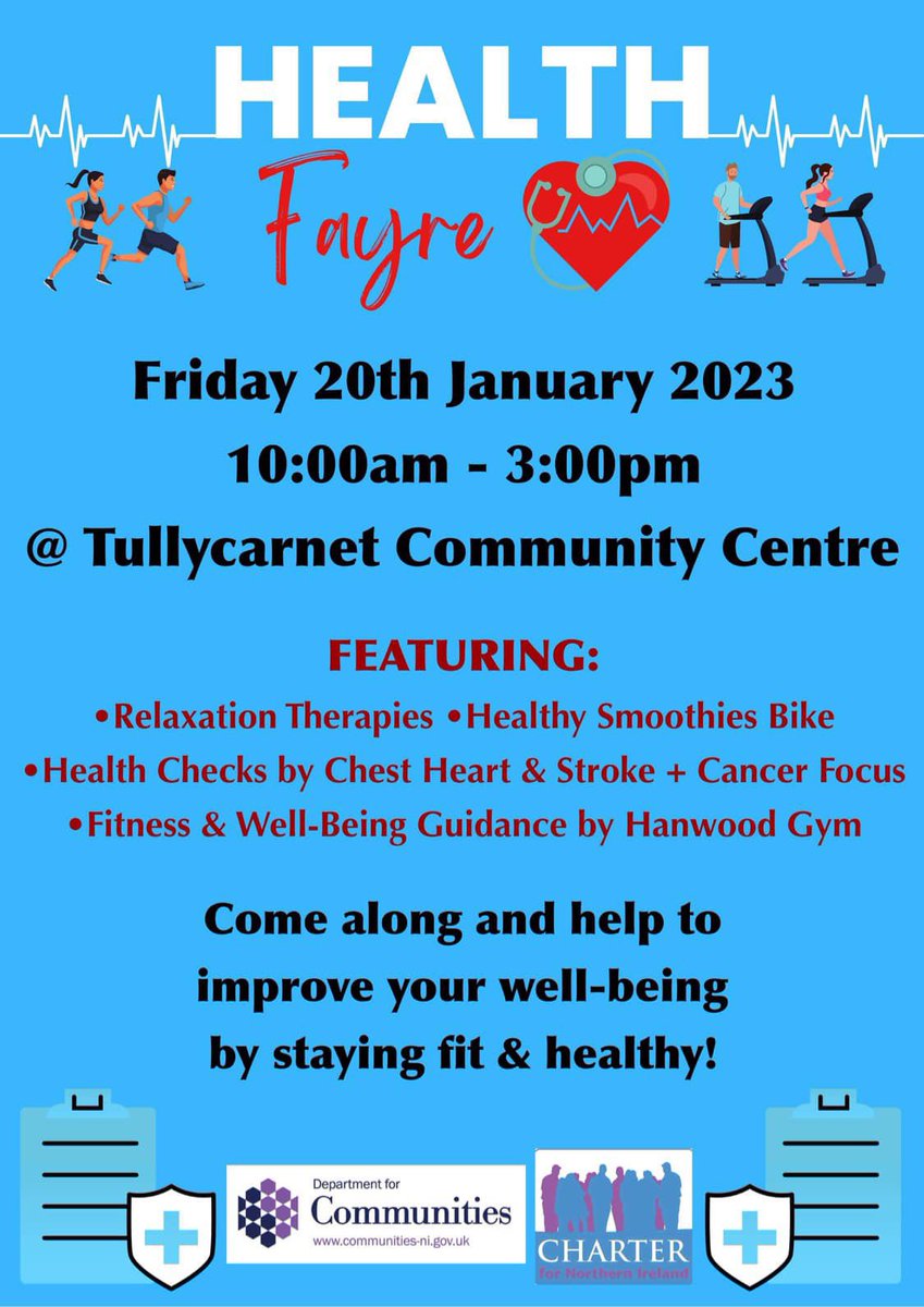 CharterNI's tweet photo. Come along and join us next Friday 20th January at the community centre to kickstart your new year with some heath and wellness 💪🏻

We will be hosting Chest, Heart and Stroke team who will be running blood pressure checks and also the Cancer Focus bus for checks &amp; advice. https://t.co/60tmodJBKP