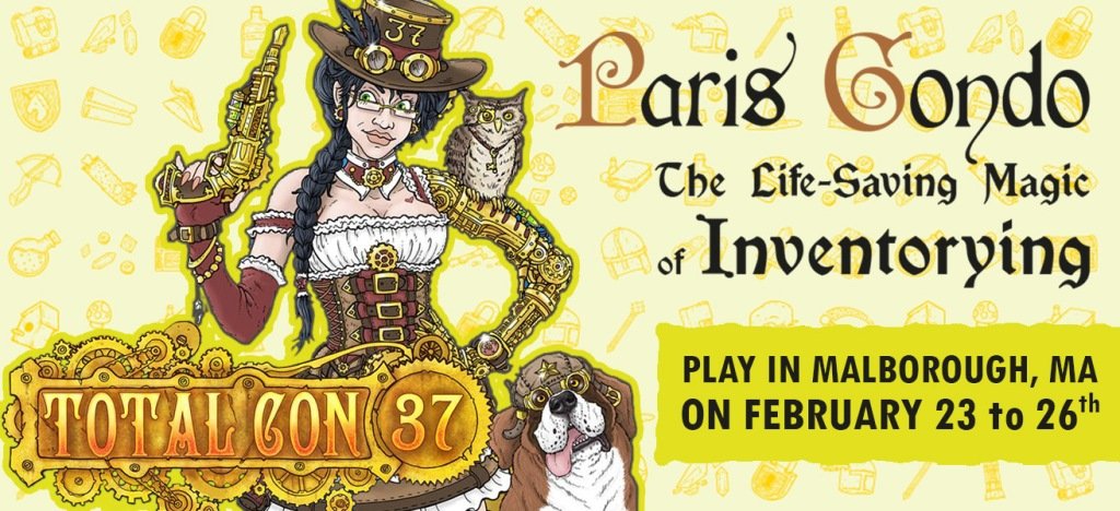 rolistespod's tweet photo. Are you attending #TotalCon in #Malborough, #Massachusetts? 

This convention will host 3 sessions of @ParisGondo - The Life-Saving Magic of Inventorying.

https://t.co/5R0WlB62l4

Do not miss this opportunity to BANISH ENCUMBRANCE!

#TTRPG #MarieKondo4MurderHoboes #TotalCon37 https://t.co/O1kzI8UtbO