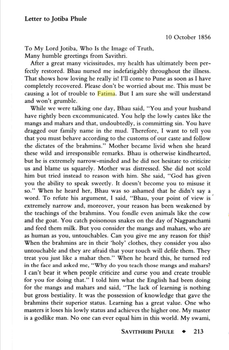 This is the only letter where #FatimaSheikh was mentioned by #SavitribaiPhule. Nowhere it is mentioned or even there's a single hint which claims that she was also a teacher and helpes to establish school for Dalits. Dalit-Muslim unity should not be based on any propaganda.
