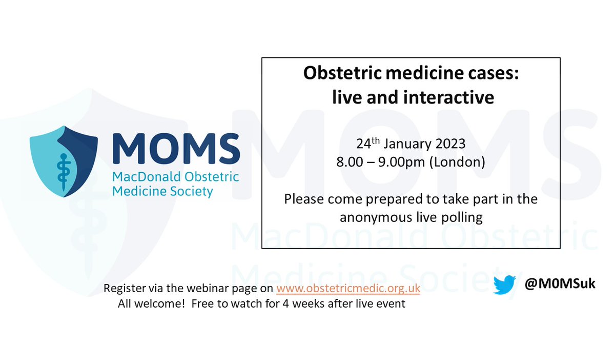 MacDonald Obstetric Medicine Society (MOMS) (@m0msuk) on Twitter photo ⭐ Happy new year! ⭐
Our first webinar of 2023 sees the return of the ever-popular:
Obstetric Medicine cases: live and interactive
24.1.23
8-9pm
All welcome! Please come prepared to take part (via anonymous polling software)
🖱💻⌨
Link below, and on our website shortly. ⭐ Happy new year! ⭐
Our first webinar of 2023 sees the return of the ever-popular:
Obstetric Medicine cases: live and interactive
24.1.23
8-9pm
All welcome! Please come prepared to take part (via anonymous polling software)
🖱💻⌨
Link below, and on our website shortly.