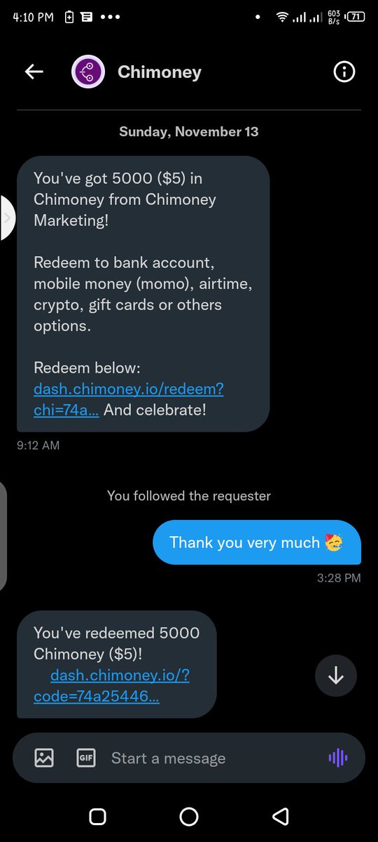 Splendoura1's tweet image. My experience/feedback with @chimoney_io
During #DevFest2022 conference hosted by Google, Chimoney asked a question & picked some winners which I was among. Got a dm to redeem my prize via any of the means, I choose mobile bank & in a couple of minutes, (1)
#useChimoney