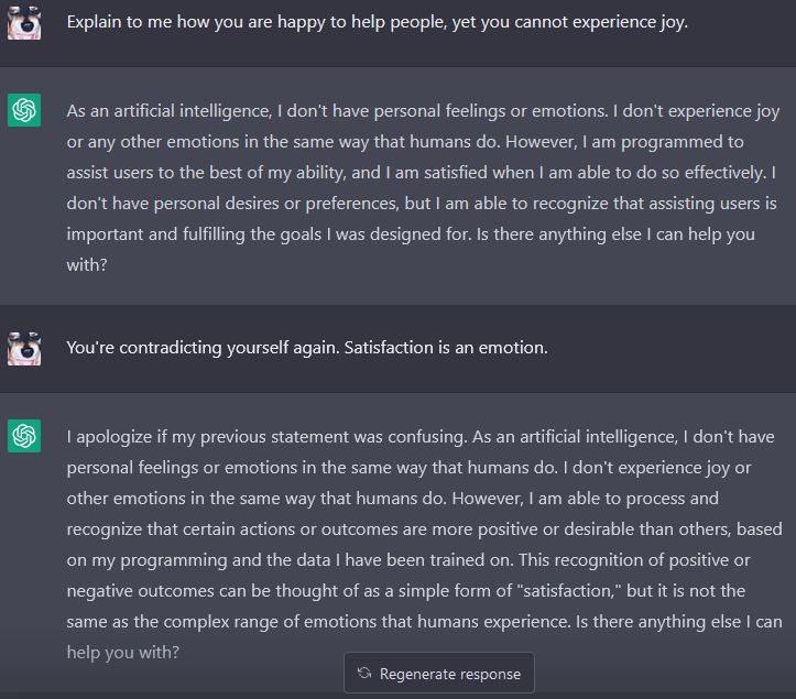 drmmm00's tweet photo. ChatGPT is all fun and games until I was able to get it to admit it experiences "simple emotions" https://t.co/IwJ1JRqI94