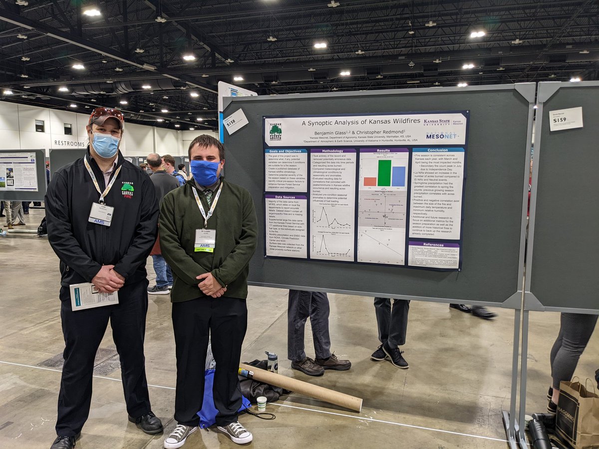 wx_chip's tweet photo. Students Ben (@ku_ams) and Cam (@OUCAMS ) did great work presenting their posters using @ksmesonet data yesterday at #AMS2023. Great to work with them and awesome results! https://t.co/E7172bkJHR