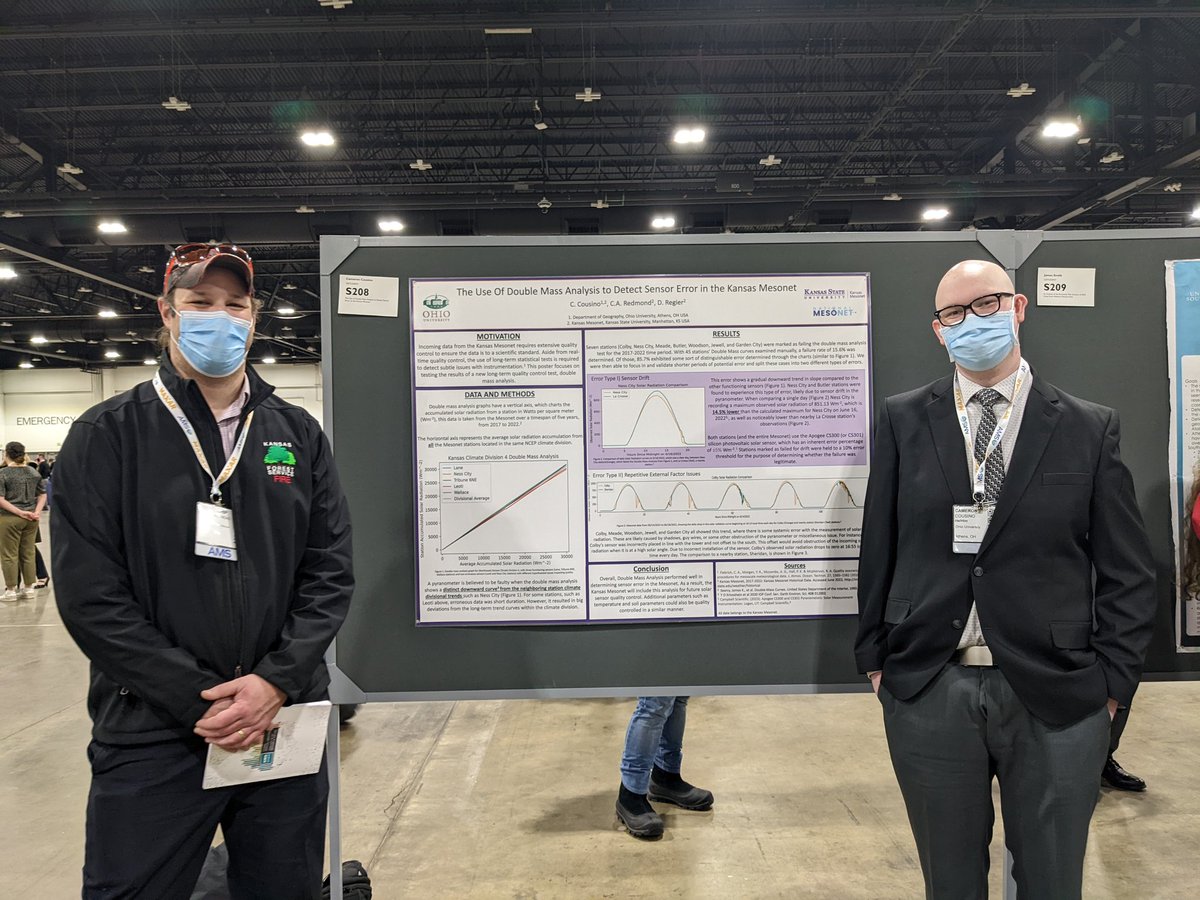 wx_chip's tweet photo. Students Ben (@ku_ams) and Cam (@OUCAMS ) did great work presenting their posters using @ksmesonet data yesterday at #AMS2023. Great to work with them and awesome results! https://t.co/E7172bkJHR