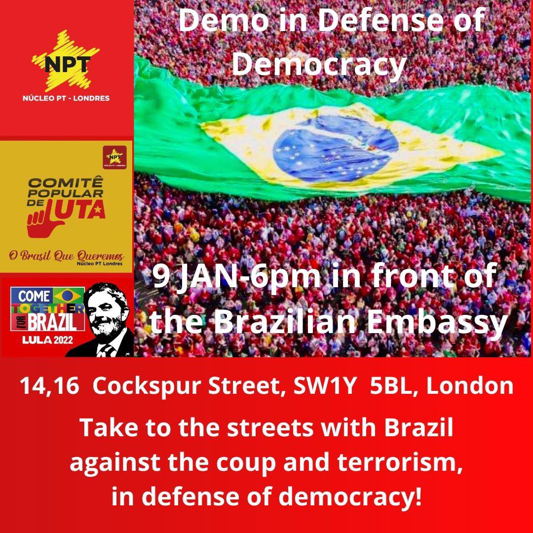 nabeelamowlana's tweet image. If you’re able to, join the protest by @PTLondres TODAY at 6pm in front of the Brazilian Embassy

📍14-16 Cockspur Street, London SW1Y 5BL