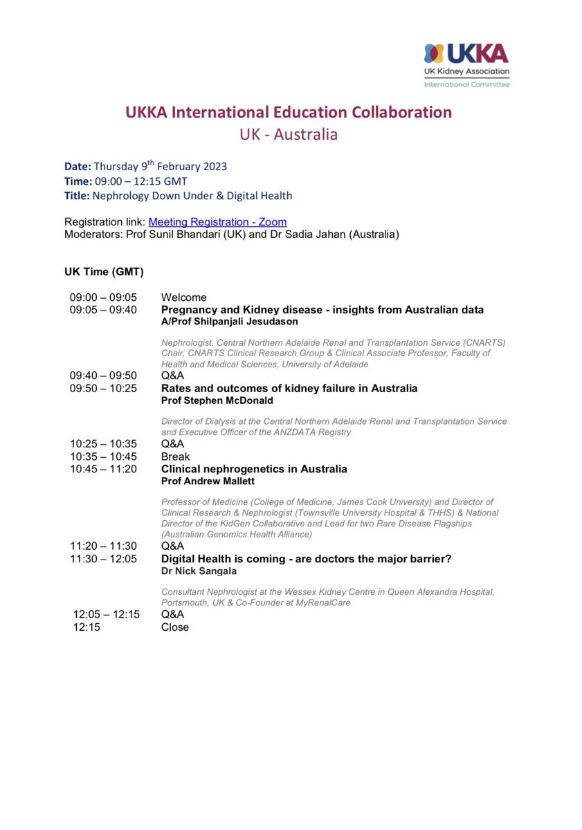 Charlotte Snead (@charlottemsnead) on Twitter photo Excited about the next UKKA International Case Discussion Series ๐ฌ๐ง๐ฆ๐บ
#educationcollaboration
#Nephrologytraining <a href="/UKKidney/">The UK Kidney Association</a> <a href="/youngANZSN/">yANZSN</a> @rasprclub
Talks by <a href="/NephMcDonald/">Stephen McDonald</a> <a href="/shilpa_jes/">Shilpa Jesudason</a> <a href="/AndrewMallett8/">Prof Andrew Mallett</a> @drsangulu
๐๏ธ 9th February 2023
๐ 0900 - 1215 GMT
๐ Sign up now- link below! Excited about the next UKKA International Case Discussion Series ๐ฌ๐ง๐ฆ๐บ
#educationcollaboration
#Nephrologytraining <a href="/UKKidney/">The UK Kidney Association</a> <a href="/youngANZSN/">yANZSN</a> @rasprclub
Talks by <a href="/NephMcDonald/">Stephen McDonald</a> <a href="/shilpa_jes/">Shilpa Jesudason</a> <a href="/AndrewMallett8/">Prof Andrew Mallett</a> @drsangulu
๐๏ธ 9th February 2023
๐ 0900 - 1215 GMT
๐ Sign up now- link below!