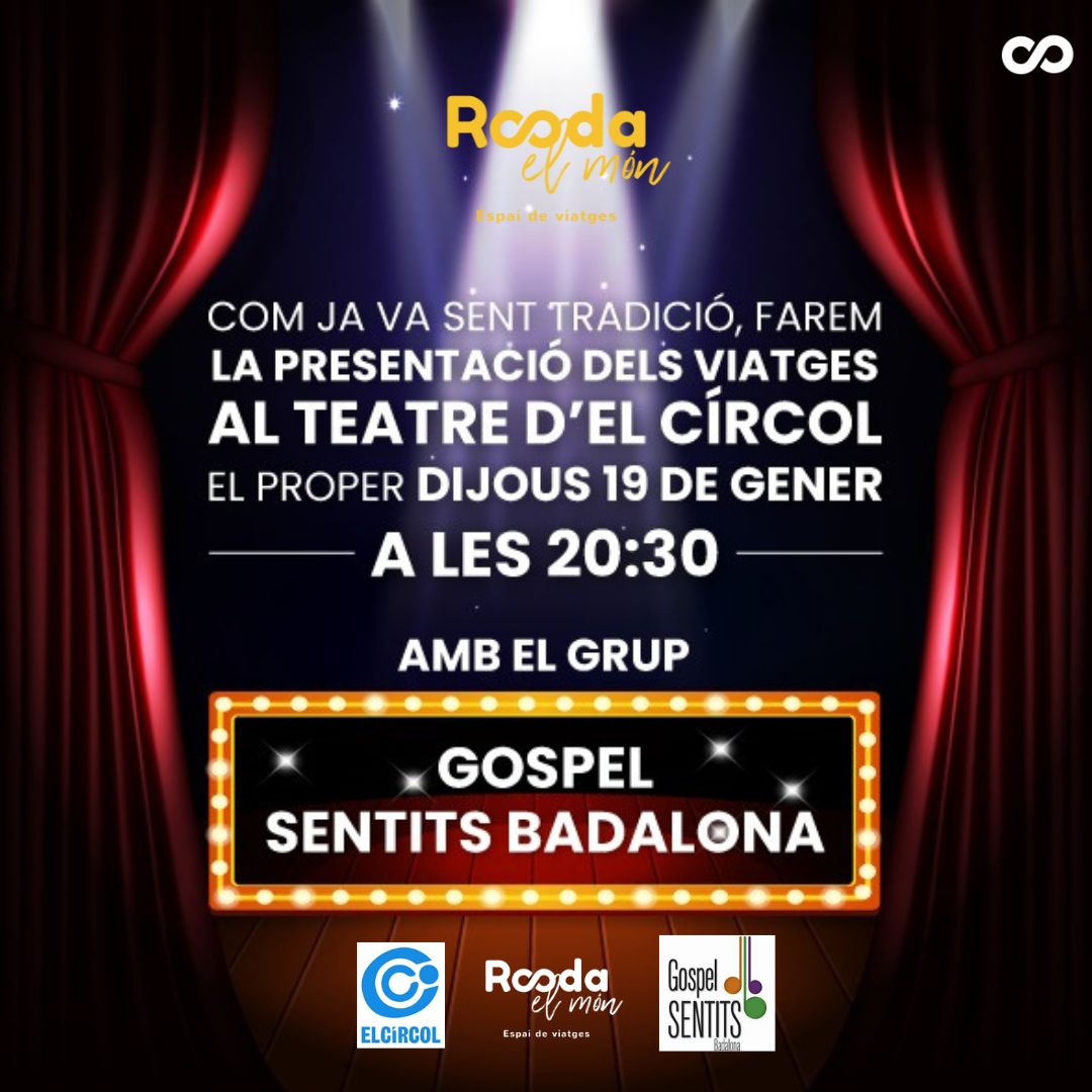RodaViatges's tweet photo. Com ja va sent habitual, presentem la nova campanya de Viatges Acompanyats el proper dijous 19 de gener a les 20.30 al teatre d'El Círcol.

#viatgesacompanyats #Turisme #gospel #Roda #presentacio #Badalona #BDN #Circol #RodaElMon #roda https://t.co/4sIfnbCaba