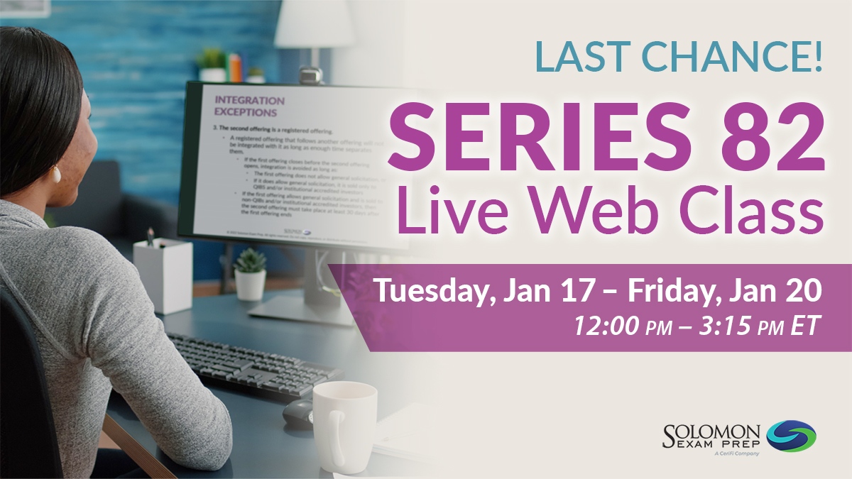 SolomonExamPrep's tweet photo. Last chance to sign up for the January #Series82 class! All Solomon Live Web Classes are taught by expert instructors. Click the link to learn more and sign up: https://t.co/Q1ii0hnyRU
Tuesday–Friday, January 17 – 20 (12:00 pm – 3:15 pm ET)
#FINRA #ExamPrep #TestPrep #OnlineClass https://t.co/uLG3emeR6d