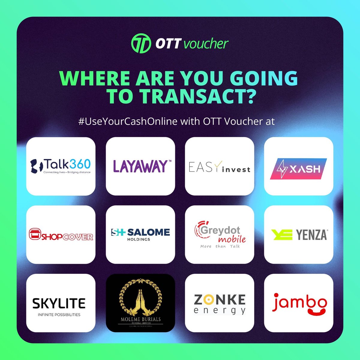 ottvoucherza's tweet photo. Do you use your #OTTVoucher at any of these partners? 💸🌐

We want to know. Tell us in the comments! 
 Buy your #DigitalCashVoucher at 150,000+ stores that sell airtime around the country or online.

#UseYourCashOnline now: https://t.co/h2SKianAl3 
 
#OTT4Me #TheCashSolution https://t.co/mOxagdRWIc