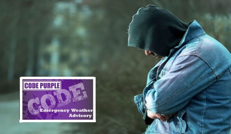 Code Purple in effect for Monday, 1/9/23. National Weather Service predicts the temp will be 28° F.