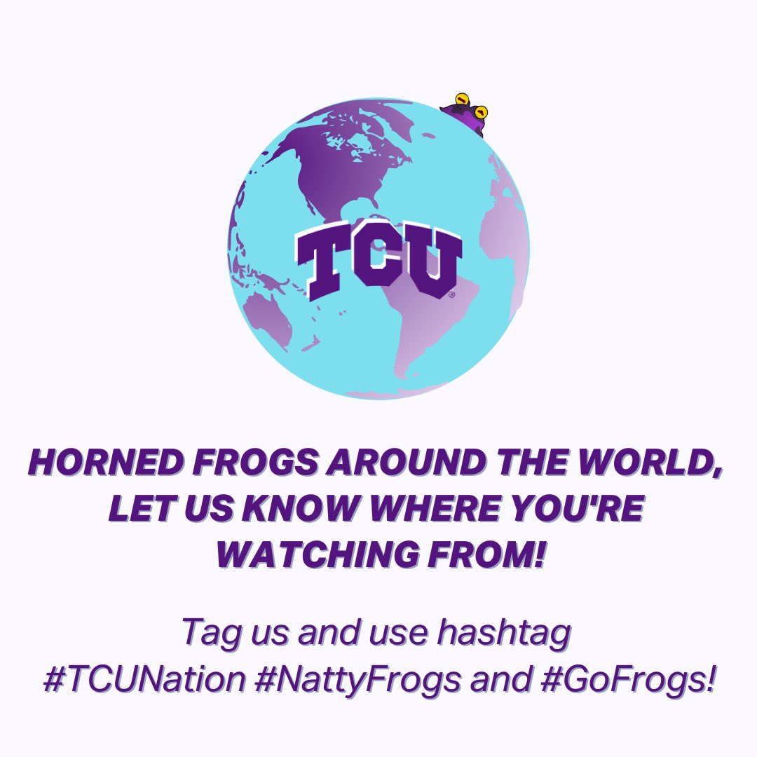 TCU's tweet photo. Horned Frogs around the world, tag us or comment below a pic of where youโre cheering on TCU Football from! ๐ #TCUNation #NattyFrogs #GoFrogs https://t.co/fzo7FIuoaT