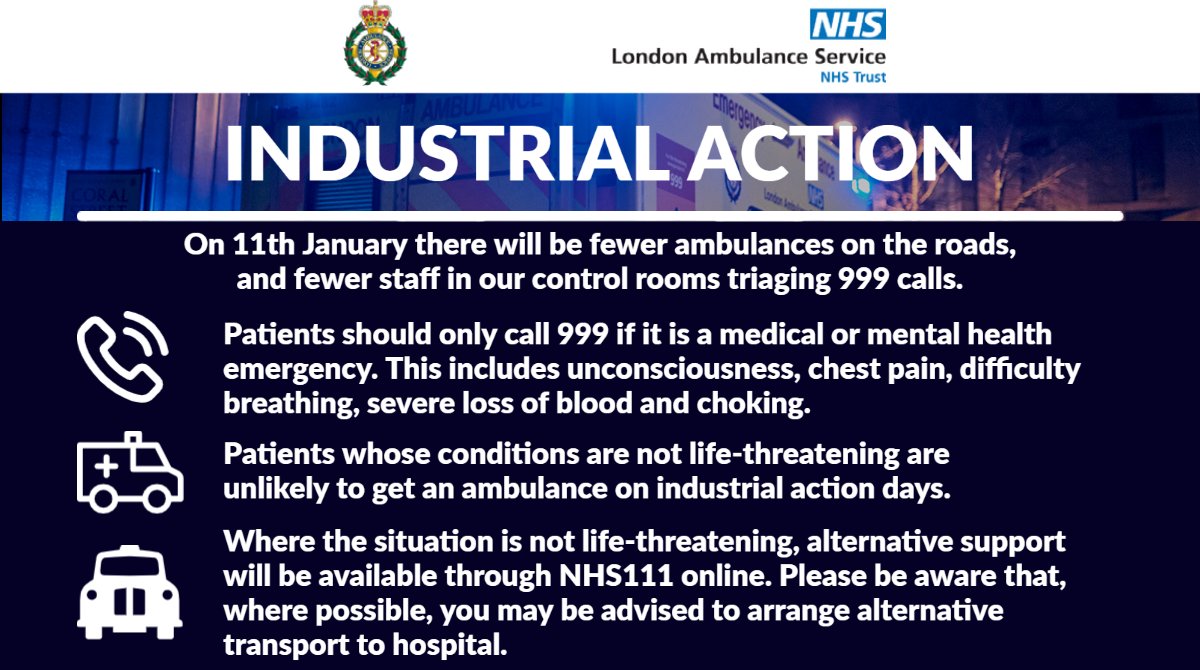 🧵[1/6] A thread on the national industrial action that is set to take place from 11am to 11pm on Wednesday 11 January 2023 👇

Read the full statement on our website: londonambulance.nhs.uk/2023/01/09/an-…

🔽