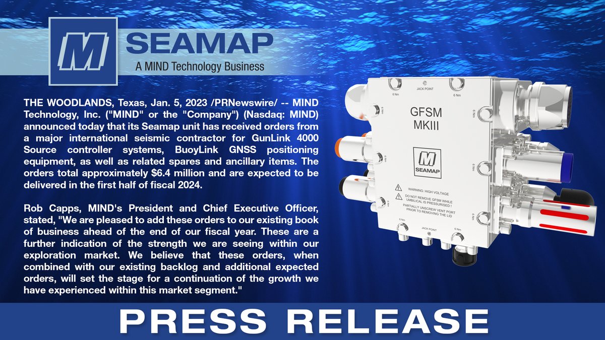 KleinMarine1's tweet photo. MIND Technology, Inc. announced that its Seamap unit has received orders from a major international seismic contractor for GunLink 4000 Source controller systems, BuoyLink GNSS positioning equipment, as well as related spares and ancillary systems.
#MIND #GunLink #BuoyLink https://t.co/kQVNJq8nAl