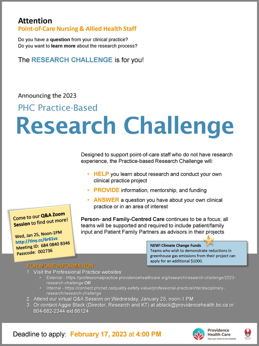 Announcing @Providence_Hlth Research Challenge for 2023! If you work at PHC, bring your ideas for practice-based research. Extra $ available to measure climate change impacts. Grateful for ongoing support from @PHCResearch @helpstpauls @TRFofBC @BCNursesUnion @CHEOSNews