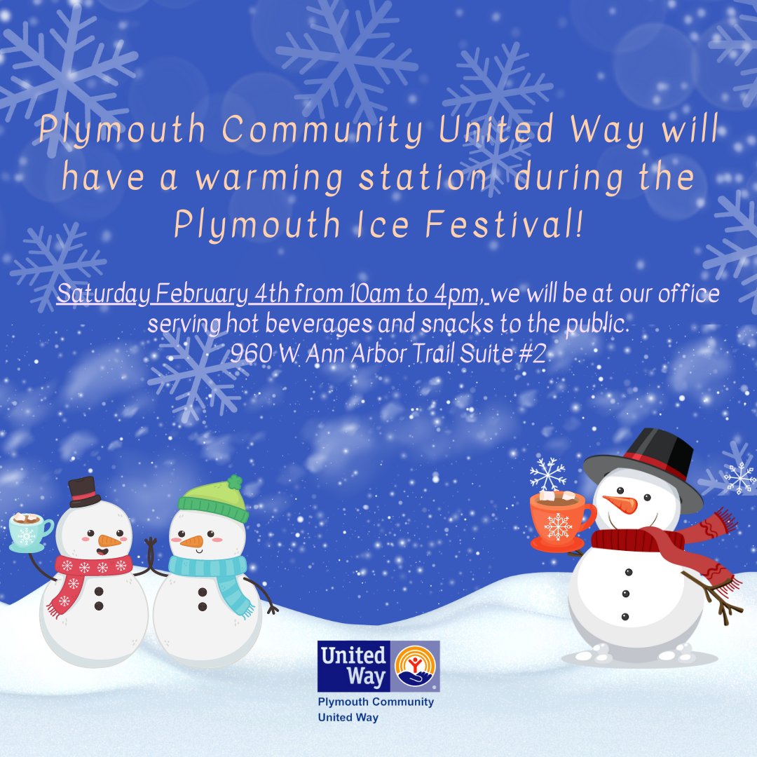 The Plymouth Ice Festival is coming up! We will be hosting a warming station for the general public. Hot chocolate and other items will be available. We cannot wait to see you all on February 4th! #PlymouthUnitedWay #PCUW
