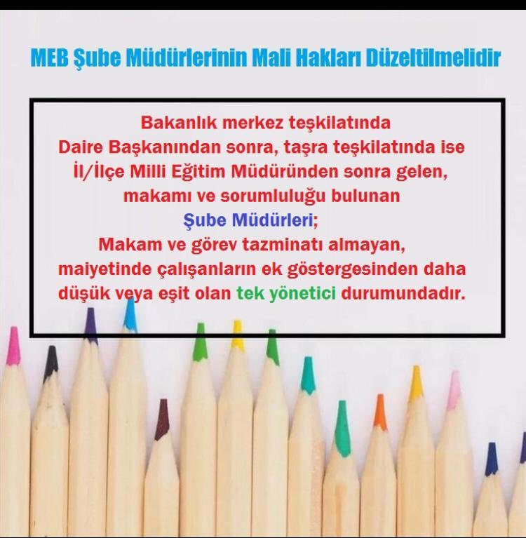 #MebSubeMudurleri konusunda uzmanlaşırken, aynı zamanda çalıştığı personelin yetiştirilmesinden, sevk ve idaresinden, iş ve işlemlerin takip ve denetiminden sorumludurlar. Ancak mali olarak karşılığını görememektedirler. 
<a href="/RTErdogan/">Recep Tayyip Erdoğan</a>
<a href="/tcmeb/">Millî Eğitim Bakanlığı</a>
<a href="/NureddinNebati/">Dr.Nureddin NEBATİ🇹🇷</a>
<a href="/_aliyalcin_/">Ali YALÇIN</a>