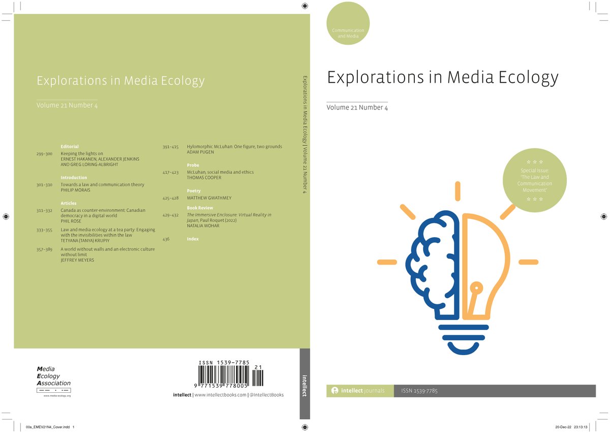 IntellectBooks (@intellectbooks) on Twitter photo Explorations in Media Ecology 21.4 is out now!
Special Issue: āThe Law and Communication Movementā
Including āA world without walls and an electronic culture without limitā by Jeffrey Meyers
<a href="/meccsapolicy/">MeCCSA Policy</a> <a href="/MediaEcology/">Media Ecology Association</a>
intellectbooks.com/explorations-iā¦
intellectdiscover.com/content/journa⦠Explorations in Media Ecology 21.4 is out now!
Special Issue: āThe Law and Communication Movementā
Including āA world without walls and an electronic culture without limitā by Jeffrey Meyers
<a href="/meccsapolicy/">MeCCSA Policy</a> <a href="/MediaEcology/">Media Ecology Association</a>
intellectbooks.com/explorations-iā¦
intellectdiscover.com/content/journaā¦