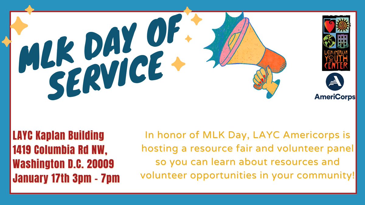 LAYCDC's tweet photo. Then, on Tuesday 1/17, come to the Kaplan building for a community service panel and resource fair. Register here: https://t.co/AjrtuKfdGG
#MLKDay #DayOfService #CommunityService #CommunityServiceHours https://t.co/U3dEdc5rtq