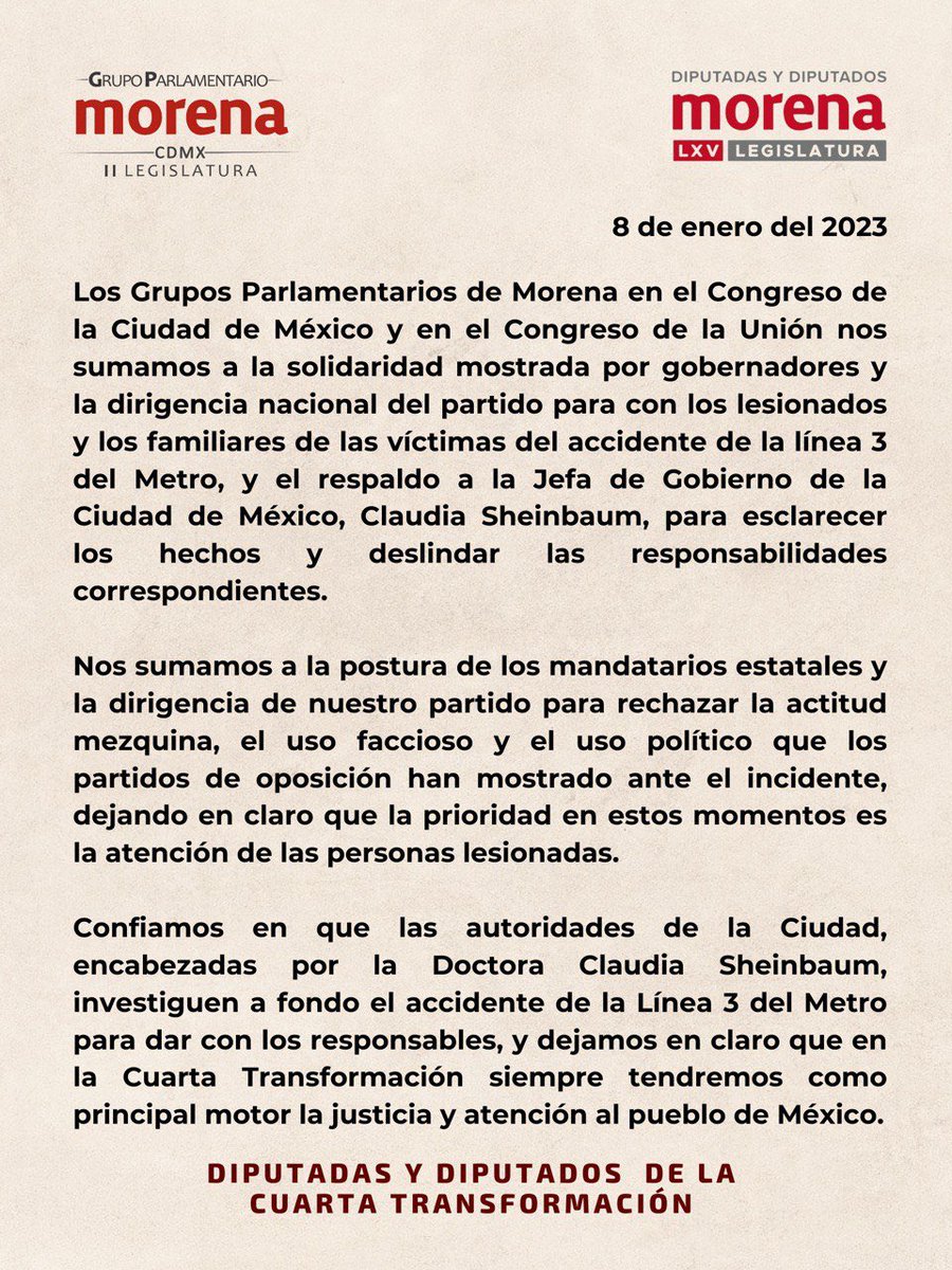 julioc_moreno's tweet photo. Los legisladores de @PartidoMorenaMx en la @Mx_Diputados y @Congreso_CdMex expresamos nuestra solidaridad a las víctimas del accidente del #MetroCDMXLinea3 y confiamos en  @Claudiashein para deslindar responsabilidades. Nuestro apoyo a los afectados. 
NO AL OPORTUNISMO POLÍTICO https://t.co/MQcLBT41C5