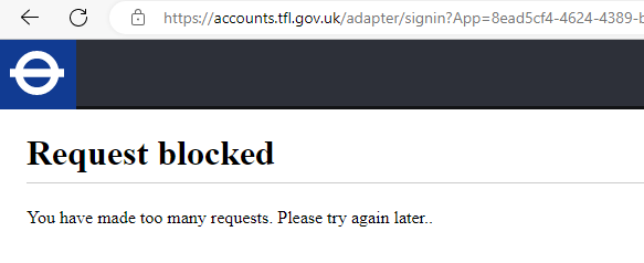 The @TFL oyster card online (website) is down.
I cannot access the card details to see details of previous journeys.
When will this be fixed? 
#error #fail #down 
Your use of <a href="/Cloudflare/">Cloudflare</a> is #failing