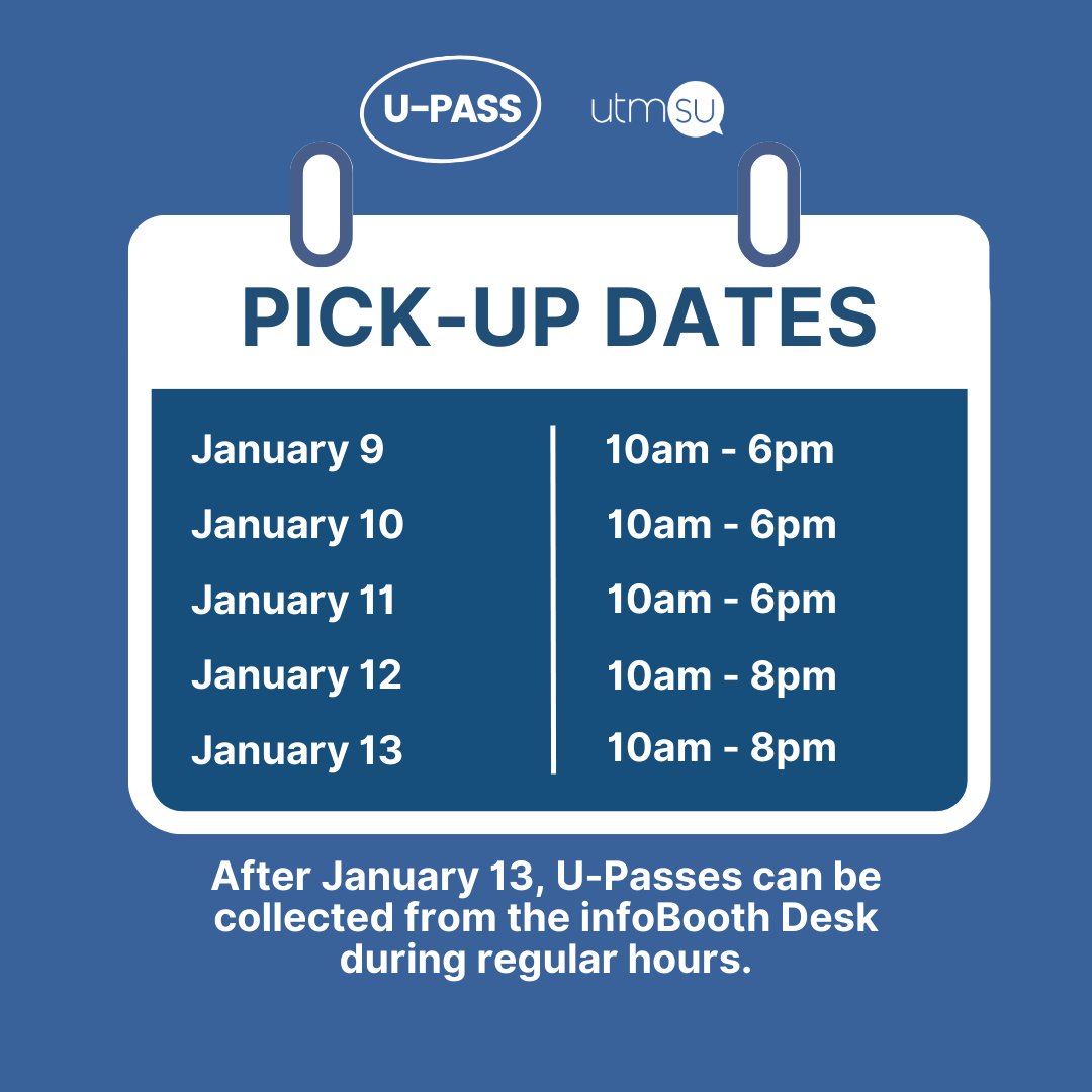 UTM students starting their academic year in the Winter 2023 term (those not enrolled in Fall 2022 courses) can pick up their U-Passes now!
 
DISCLAIMER - students are not required to collect a new U-Pass if they already received one in the Fall semester.