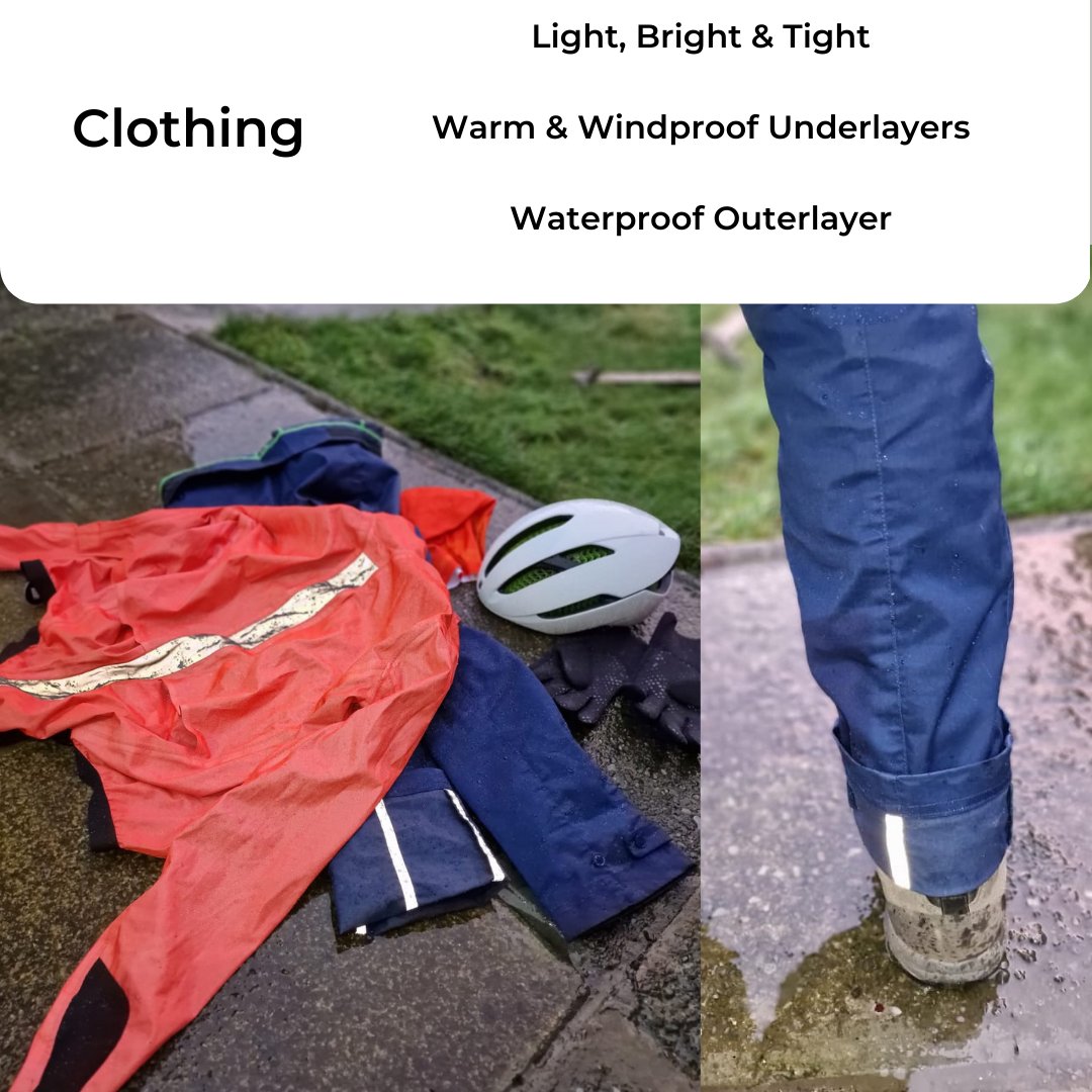 "There's no such thing as bad weather, just bad clothing"

Light - Not too heavy, especially to allow movement

Tight - Don't let any laces interfere with the bike - No Capes!

Bright - For added visibility