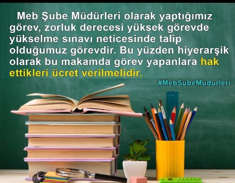 #mebsubemudurlerinintalebi Kapsamlı ve zorlu bir görevde yükselme sınavı neticesinde atanan #MebSubeMudurleri her geçen gün sorumlulukları artıyorken, mali olarak geride kalmalarına anlam veremiyorlar ve Bakanlığımızdan çözüm bekliyorlar.
<a href="/RTErdogan/">Recep Tayyip Erdoğan</a>
<a href="/tcmeb/">Millî Eğitim Bakanlığı</a>
<a href="/_aliyalcin_/">Ali YALÇIN</a>