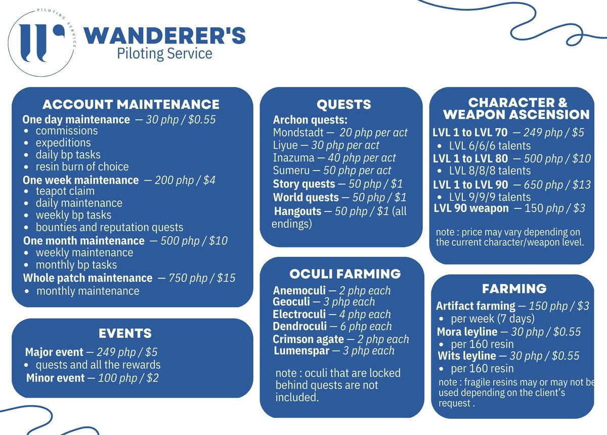 sc4rawrlds's tweet photo. Too tired to play genshin? Experiencing burnout? I got you! Wanderer’s Piloting Sevices offers affordable and efficient piloting services ♡

[ #genshin #genshintwt #genshinpilot #genshinpiloting #genshinpilotservice ] https://t.co/jATljOoWzH