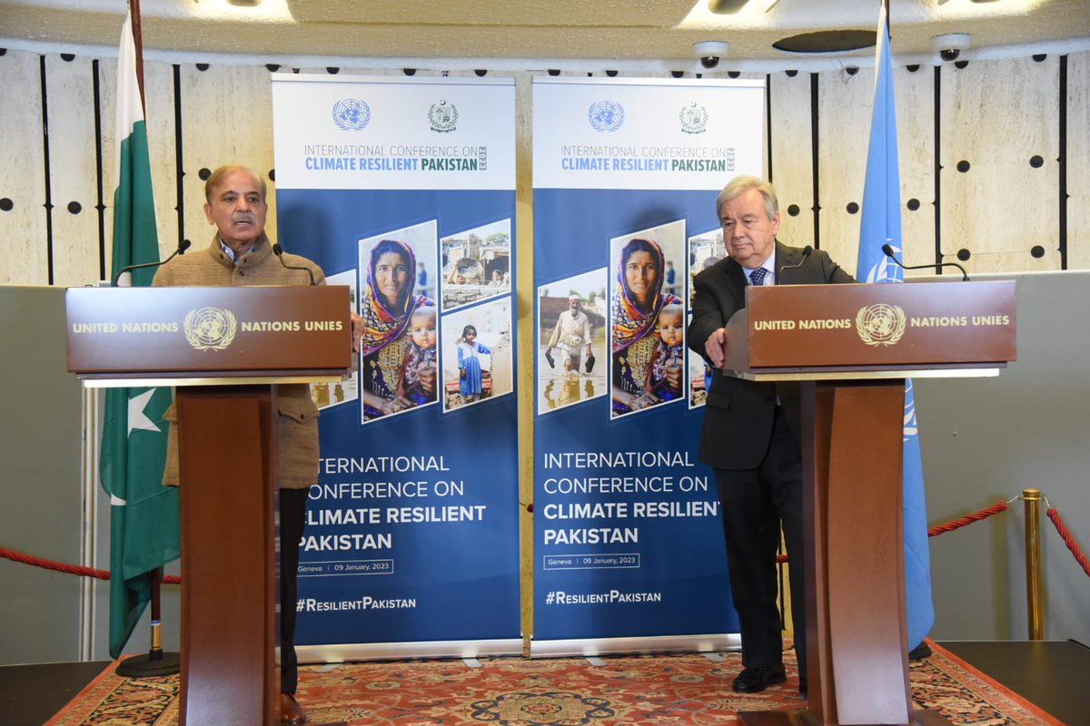 Prime Minister Muhammad Shehbaz Sharif and UN Secretary General Antonio Guterres addressing a joint press stakeout after the International Conference on Resilient Pakistan in Palais des Nations, Geneva, Switzerland. 9th January, 2023.
#ResilientPakistan 
#PMShehbazinGeneva