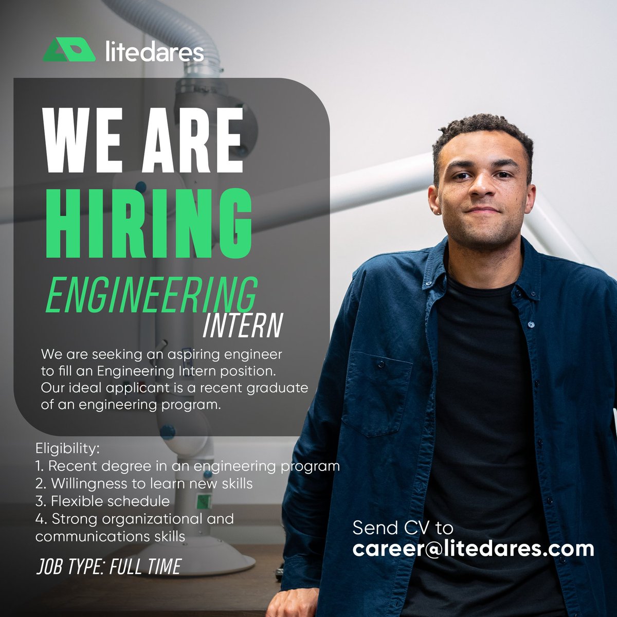 litedares's tweet photo. Recruiting!
Engineering Intern
Job type: Full Time
@litedares is seeking an aspiring engineer to fill an engineering intern position.

Applicants should send their CVs to career@litedares.com

Deadline: 14th January 2023

#litedares #vacancy #2023goals #engineerintern #internship https://t.co/aLP4CGEum3