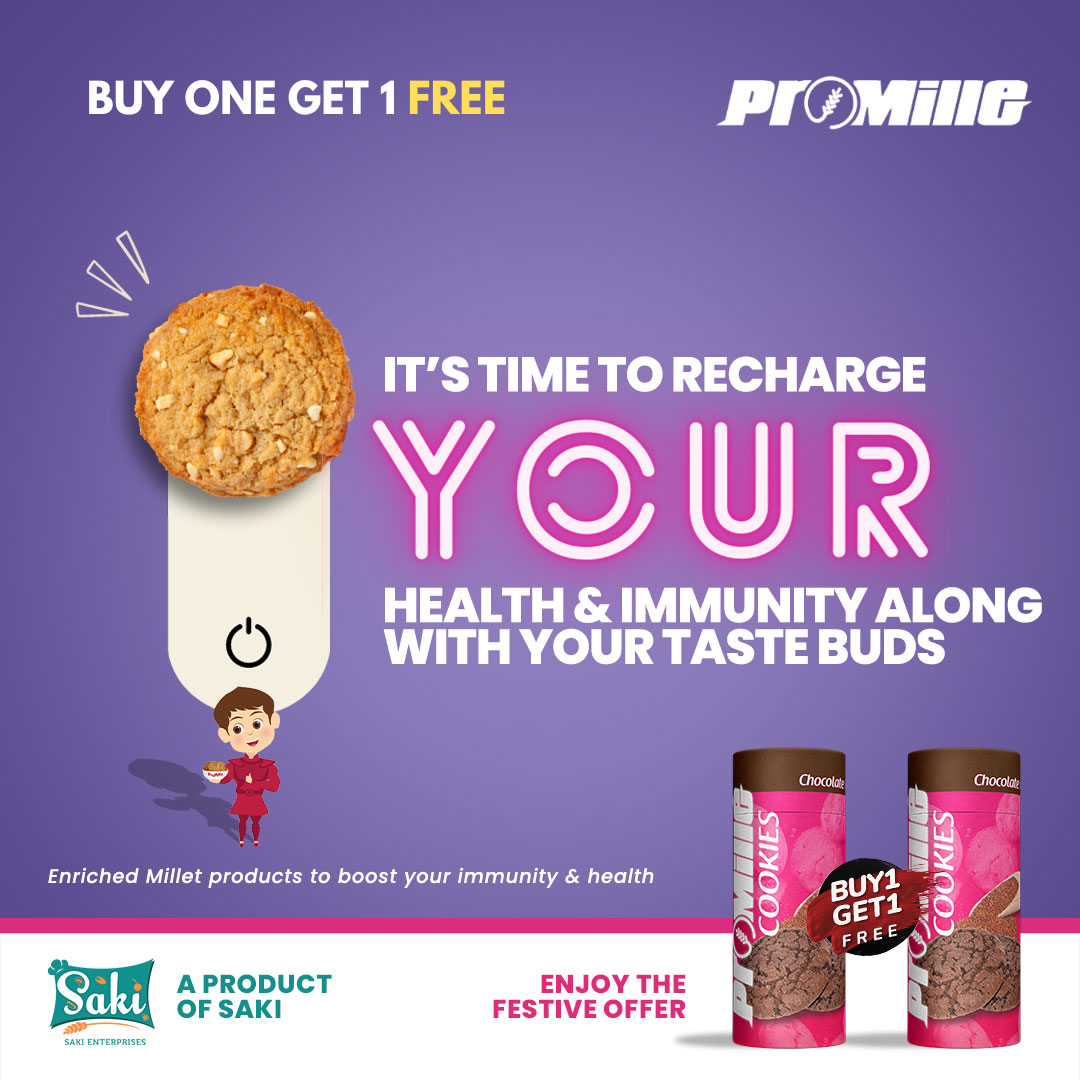 SakiEnterprises's tweet photo. Recharge your energy and immunity with a delicious millet cookies!

Enjoy the Buy One Get One Offer with promille's healthy and tasty cookies today!

#promille #sakienterprises #BuyOneGetOne #Cookies #Delicious #EnergyBoost #millet #offer #MilletBasedEnrichCookies #healthy #tasty https://t.co/cOO0zxwQKe