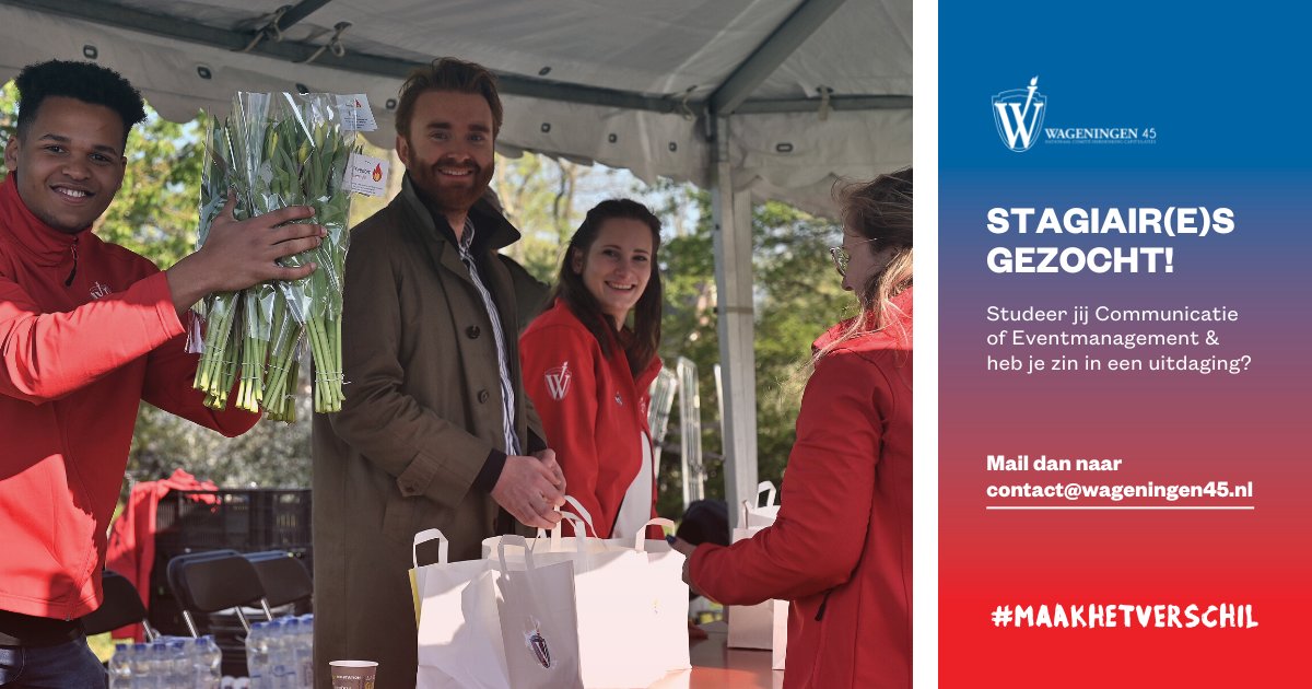 Wageningen45 zoekt stagiair(e)s in diverse vakgebieden!  Studeer jij Communicatie of Eventmanagement &amp; heb je zin in een uitdaging? Dan zoeken wij jou!
 
Ben je enthousiast geworden? Mail dan jouw CV en motivatie naar contact@wageningen45.nl of ga naar wageningen45.nl/organisatie/va…!