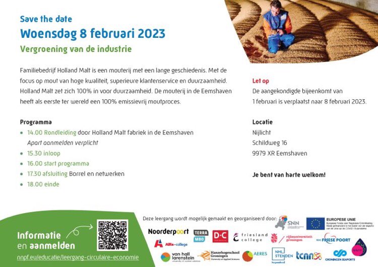 Woensdag 8 februari is er weer een nieuwe sessie van de leergang circulaire economie en wel bij Holland Malt in Eemshaven! Dat wil je niet missen, aanmelden kan via onderstaande link 👇
