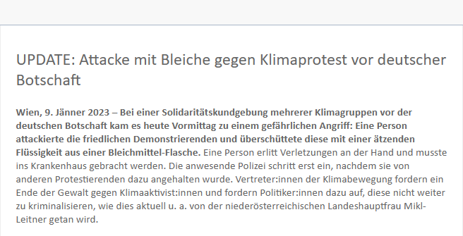 MichaelBonvalot's tweet photo. Klima-Aktivist:innen in Wien sollen heute bei einer vor der deutschen Botschaft mit einer ätzenden Flüssigkeit angegriffen worden sein. Eine Person soll bei der Solidaritäts-Kundgebung mit den Protesten gegen die Räumung von Lützerath verletzt worden sein.
https://t.co/aCkMCUVqGN https://t.co/Vj9H1252Rm