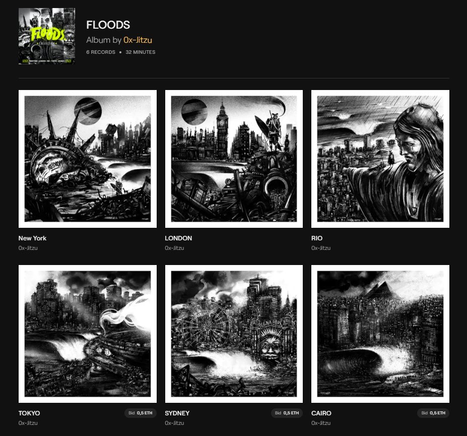 0xJitzu's tweet photo. FLOODS collection is complete! 
Six tracks, six continents, one dystopian future. 
Check it out now on @catalogworks.

https://t.co/XQfSSmysUW

artworks by @FR3ED00M https://t.co/agQV7VywCY