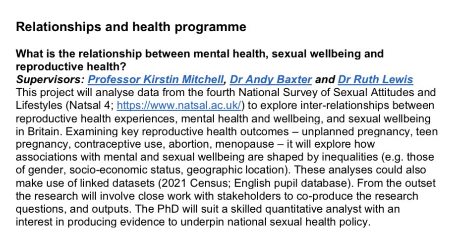 📢 Funded #PhD studentship using @NatsalStudy data to explore associations between #ReproductiveHealth, #MentalHealth and #SexualWellbeing, supervised by @KMitchinGlasgow, @andybaxter & myself @theSPHSU

Deadline: 17th Feb
Details 👉 gla.ac.uk/schools/health…

#PhDchat