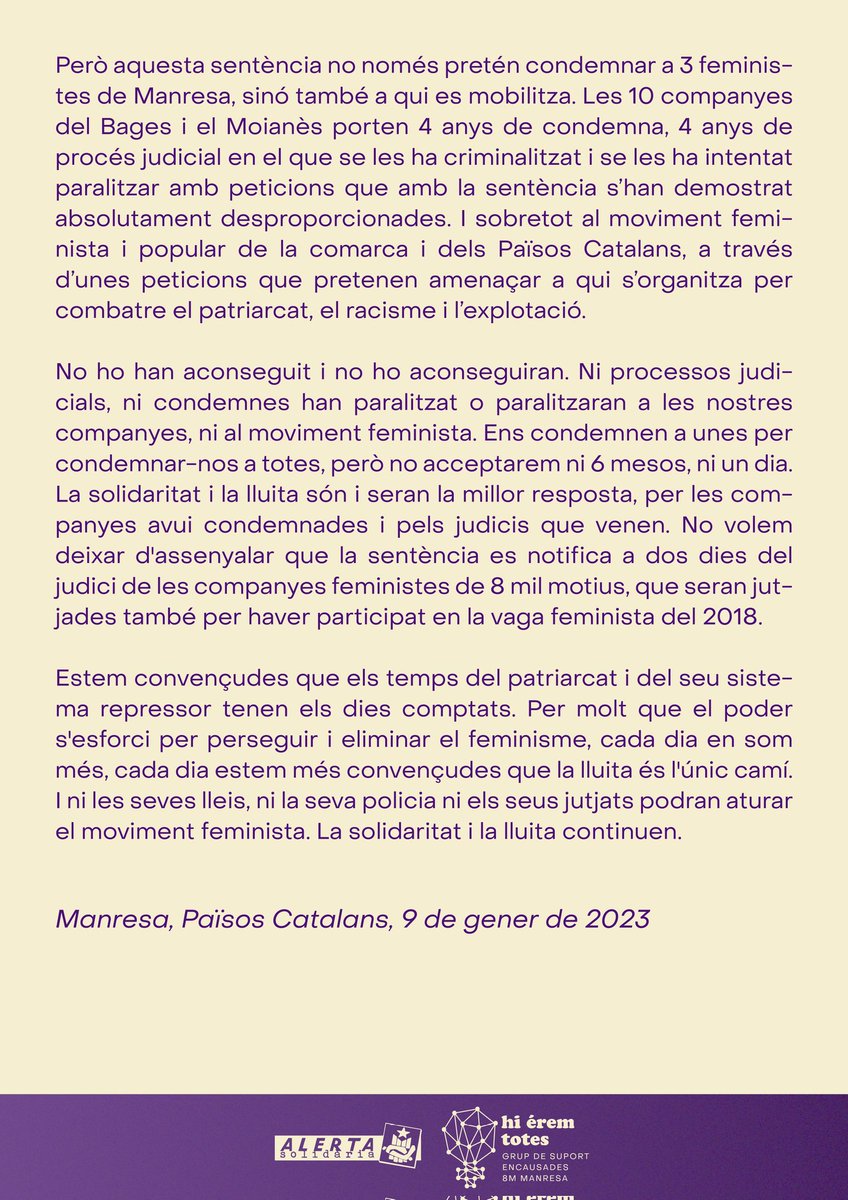 ‼️ 3 de les 10 encausades de #hiéremtotes, condemnades a 6 mesos de presó per atemptat a l’autoritat.
 
➕ Multa de 180€ pel delicte lleu de danys.

➕ 359,97€ en concepte de responsabilitat civil.

🔥 Però #Ni6MesosNi1Dia aturaran al moviment feminista! ♀️👇 [Comunicat sencer]